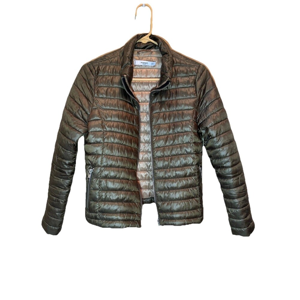 Mango Basics Quilted Puffer Jacket Women's Small S Metallic Green Full Zip Warm